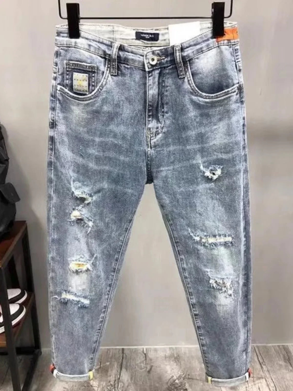 Trendy Men's Slim Fit Jeans Tear Hole Summer Thin Blue Cotton Elastic Waist Zipper Closure Casual Long Pants Youth Wear