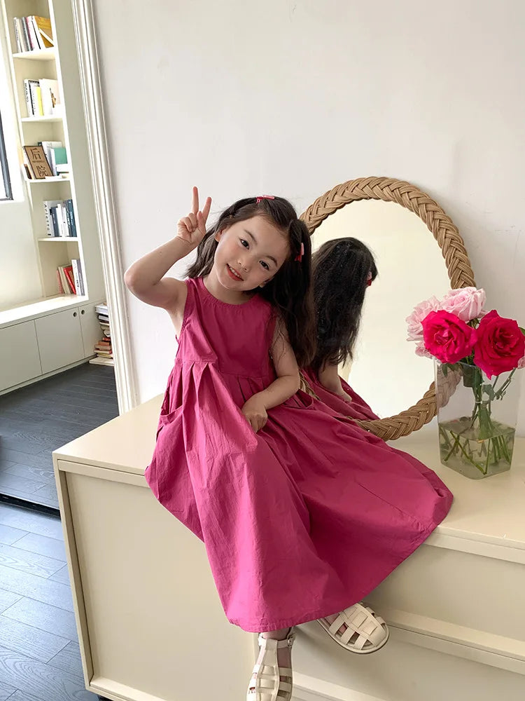 2026 New Summer Children Girls Sleeveless Dress Teen Solid Color Cotton Loose Casual Sundress Kids Vacation Style Princess Dress