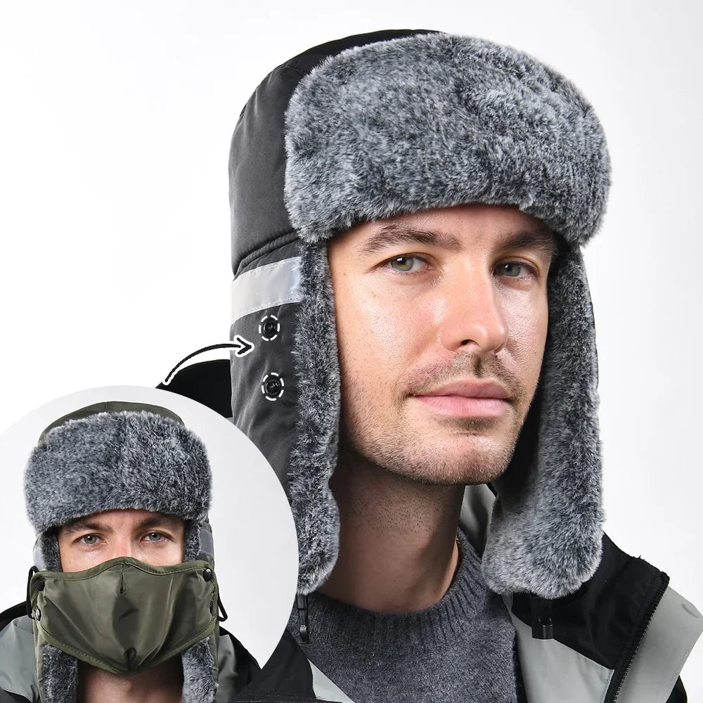 Men's Outdoor Fleece-Lined Thick Warm Reflective Strip Lei Feng Hat with Removable Mask Ear Flap Bomber Hat Winter Pilot Cap