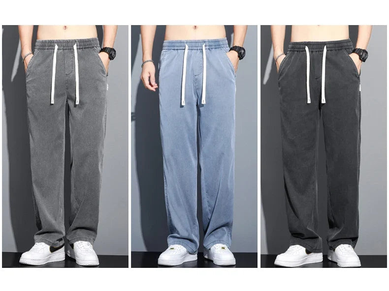 Summer Soft Lyocell Fabric Thin Loose Straight Pants Drawstring Elastic Waist Korea Casual Trousers Men's Jeans Plus Size M-5XL