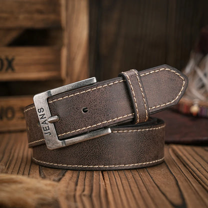 Men - Women - Western Denim - PU Leather - Belt - Vintage Jeans with Carved Buckle Brown Belt