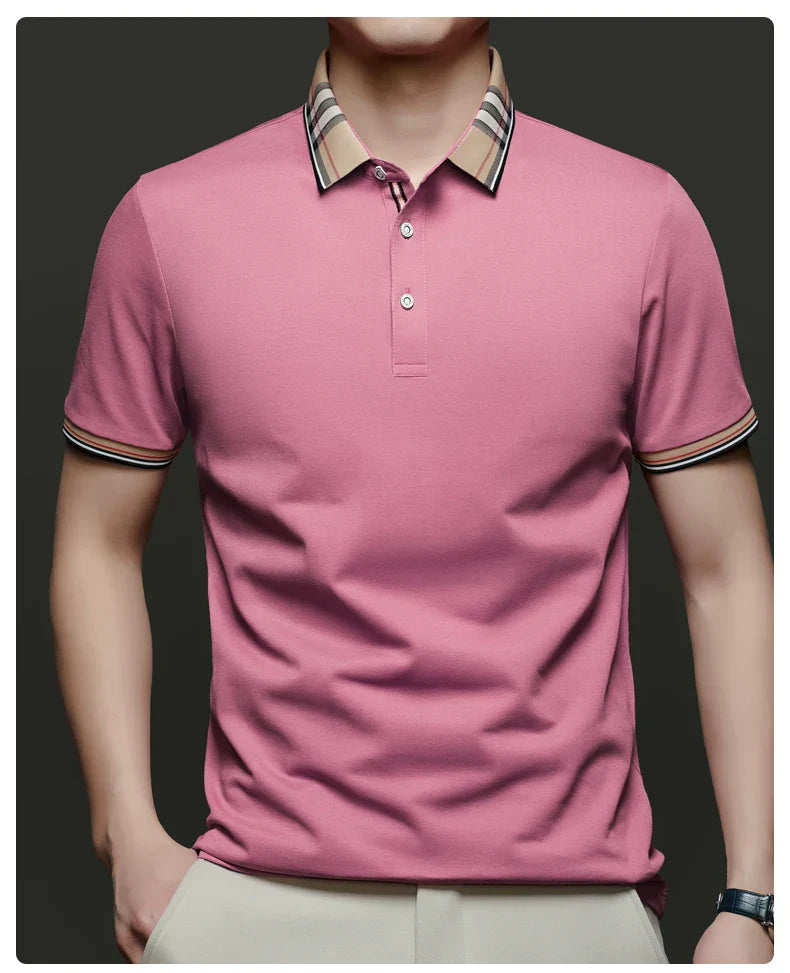Fashion brand luxury short sleeve polo shirt men summer quality silky cotton breathable business casual striped collar T-shirt