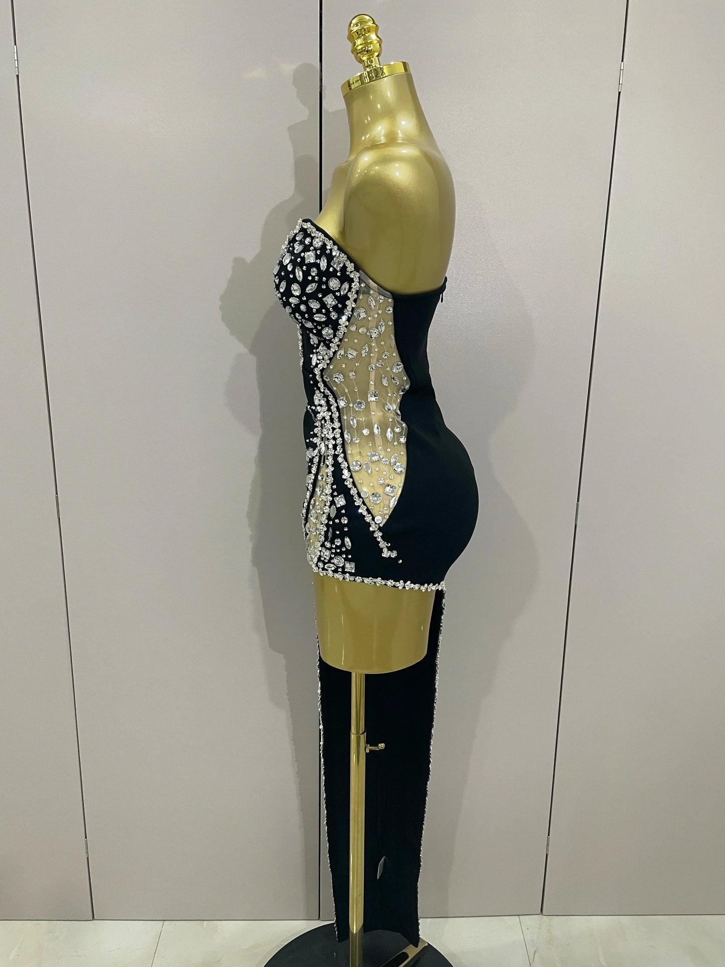 Newest High Quality Sexy Strapless Shinning Rhinestones Bodycon Bandage Long Dress Women Fashion Celebrate Evening Party Vestido