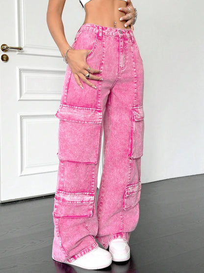 Pink cotton women's wide-leg loose-fitting jeans, multi-pocket Y2K style pink fashionable jeans
