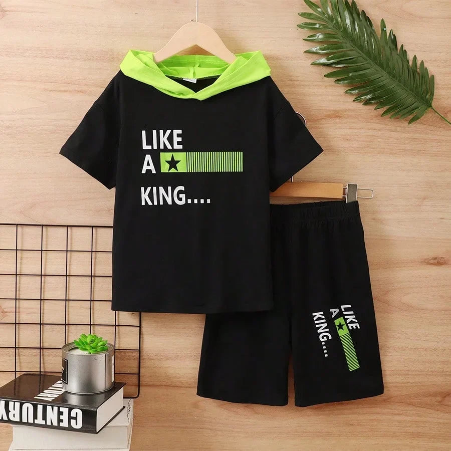Summer  8-12  Years  Old Cool  Boys  Letter  Printing   Short  Sleeved  Hooded   Suit