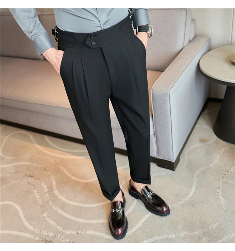 British Style Autumn New High Waist Trousers Men Belt Design Slim Fit Suit Pants Office Social Wedding Party Formal Pants Hommes