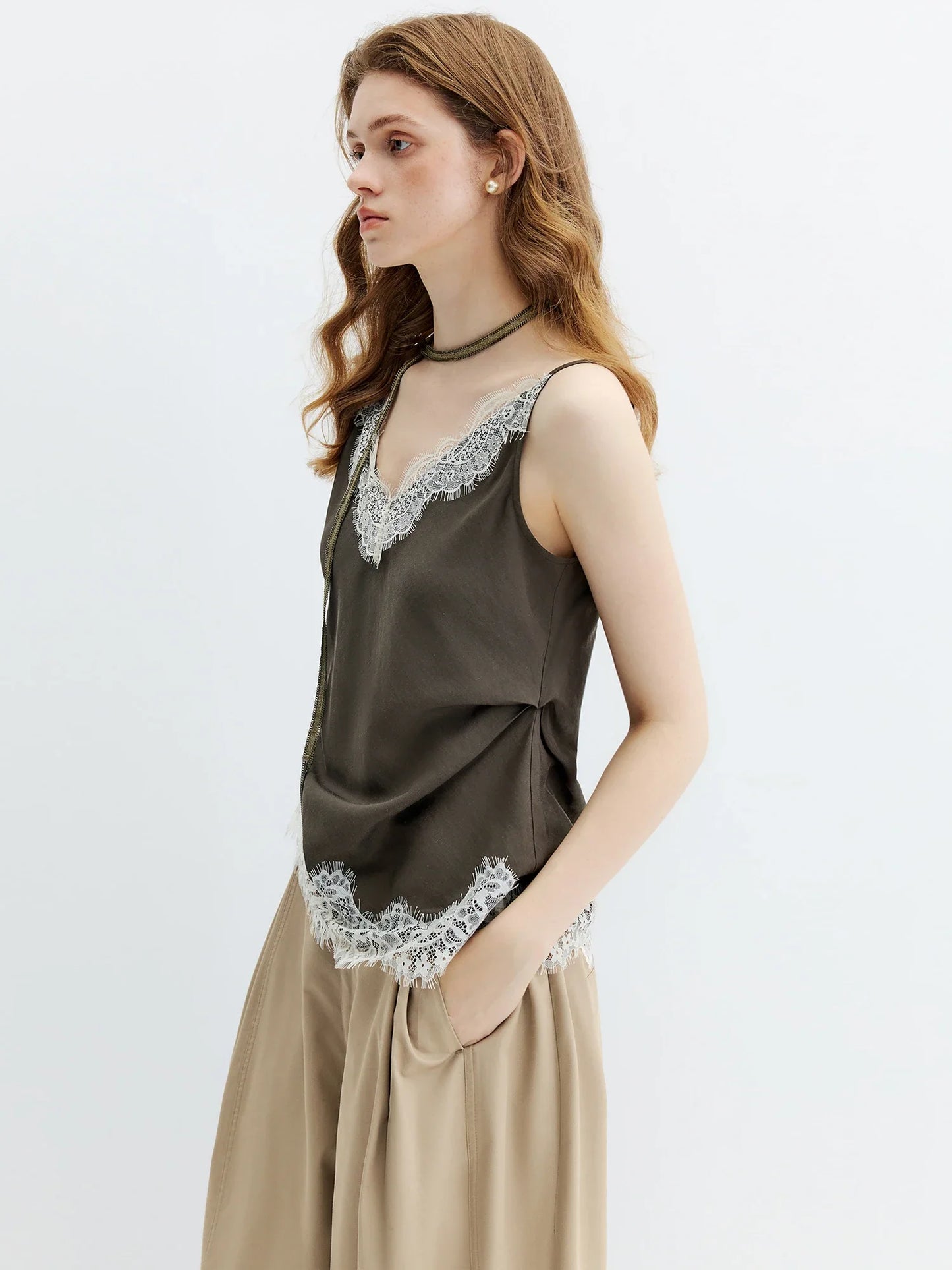 Summer Women's Lace Trim Linen Blend Camisole, Waist-Cinching Layering Top for Romantic Everyday Chic Style