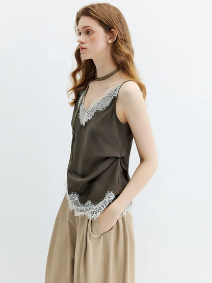 Summer Women's Lace Trim Linen Blend Camisole, Waist-Cinching Layering Top for Romantic Everyday Chic Style