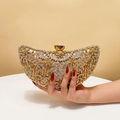 Moon Design Women Clutch Bags Rhinestones Hollow Out Style Crystal Purple Color Evening Bags Ladies Acrylic Golden Metal Glitter