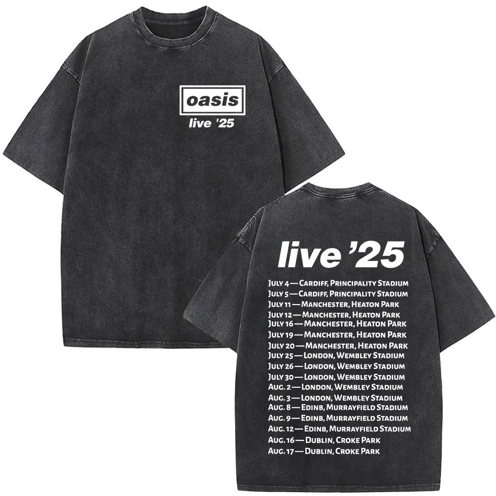 O-Oasis T-Shirts British Rock Band Vintage Washed T-shirt Men Women Clothing Cotton Casual Short Sleeve T Shirts Tops Streetwear