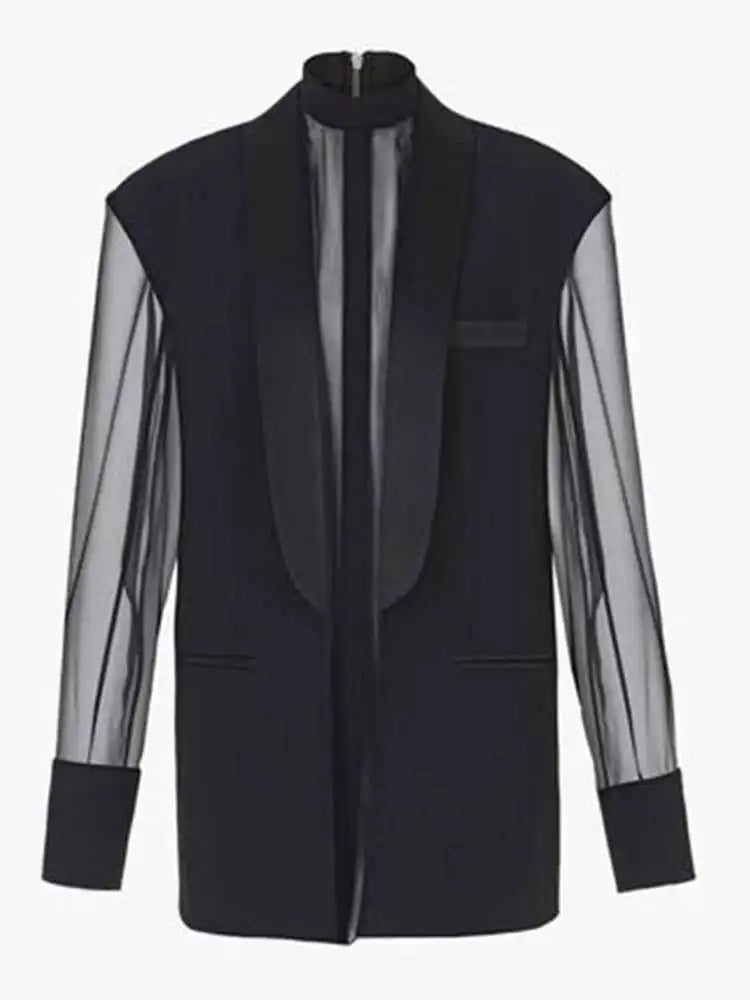 Fashion Women's Blazer Fake 2 Pcs O-neck Splicing Translucent Gauze Long Sleleve Suit Jackets Autumn 2025 New Tide 17A2746