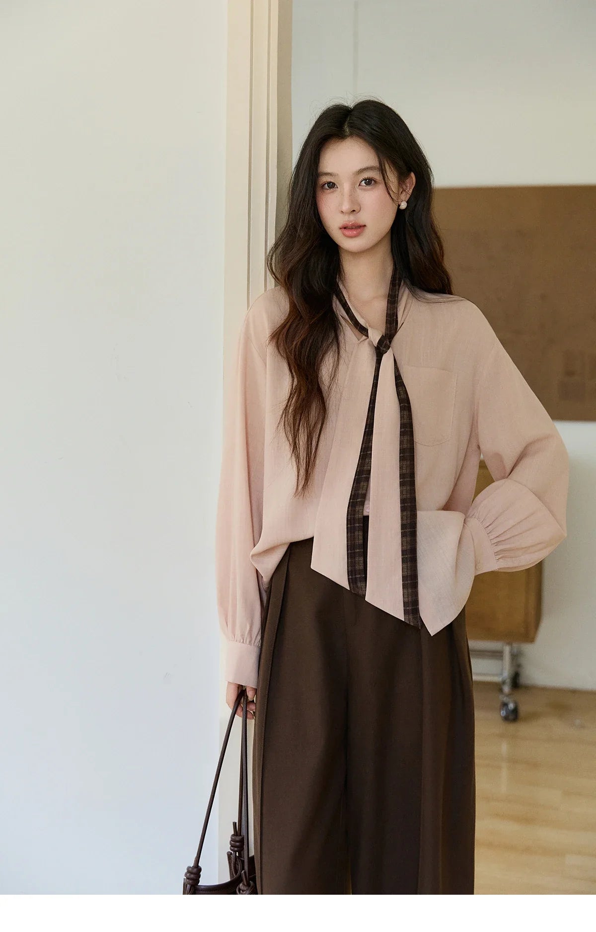 Women's Dusty Pink Shirts Spring Plaid Tie Neck Loose Casual Shirt 100 Lyocell Lantern Sleeve Top Office Lady MXF108C0817