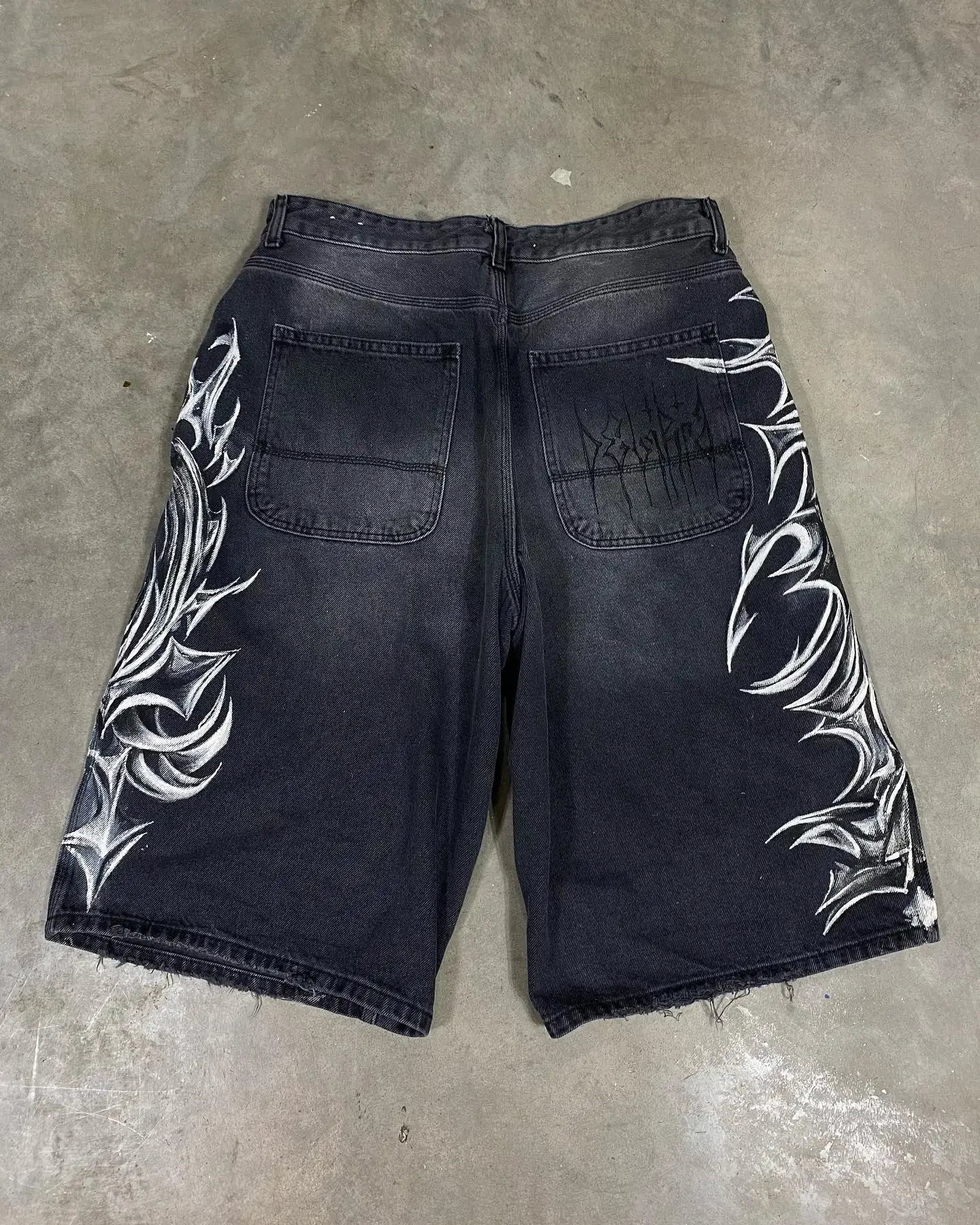 American Retro Gothic Halloween Geometry Graffiti Print Denim Shorts Men Women Y2k Low Waist Baggy Knee Length Jeans Jorts Short