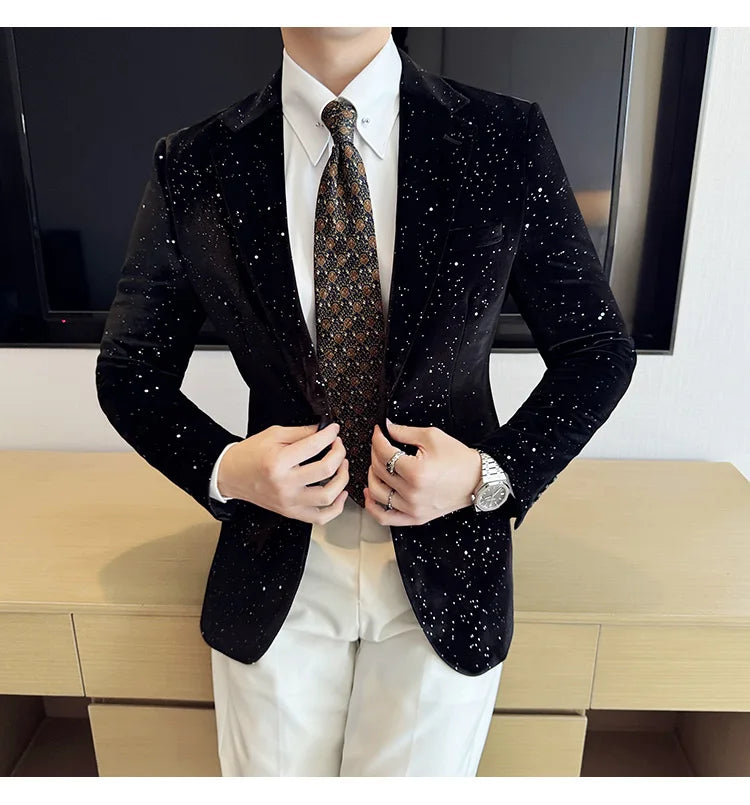 High Quality Velvet Bronzing Suit Coats Mens Sparkle Elegant Slim Business Suits Jacket Homme Formal Social Prom Party Tuxedos
