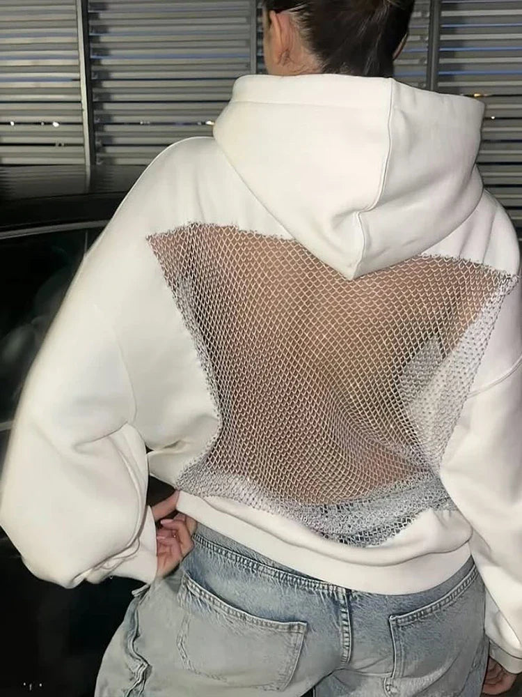 Hooded Harajuku Sweatshirt Women Autumn Trend Backless ShinyThrea Mesh Patchwork Casual Street Hipster Pulloverr