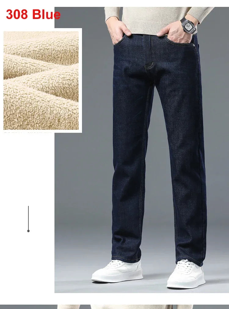 Winter Warm Fleece Jeans Men 2023 Straight Stretch Thick Casual Thermal Denim Pants Male Business Work Trousers New Men Clothing