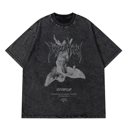 Anime Pain Printed T Shirt Men Retro Washed 100% Cotton Tops Tees Harajuku Tshirt 2023 Streetwear Hip Hop Male T-shirts