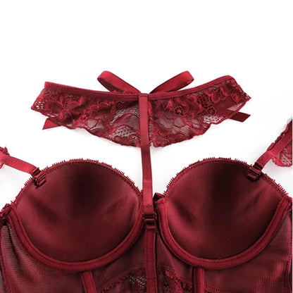 Sexy Lace Corset Body Shapewear Set Women Bustier with Suspenders Stockings Choker 4pcs Body Shapers Lingerie
