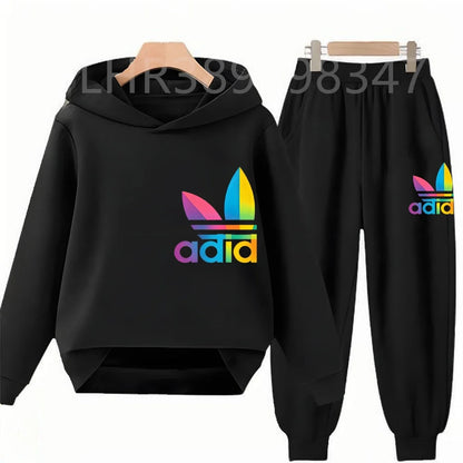 Children Fun Brand Black Clothing Hoodie Coat Sweatshirt Top+Trousers Boys Girls White Toddler 3-12Yrs Casual Kids Pullover Set