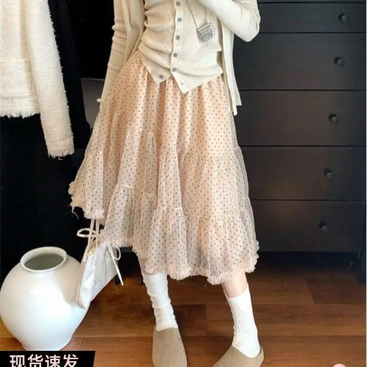 Sweet Elegant Skirts Women Korean Style Polka Dot Mesh Ruffle Skirt Fairycore Fashion Retro Streetwear Layered Skirts