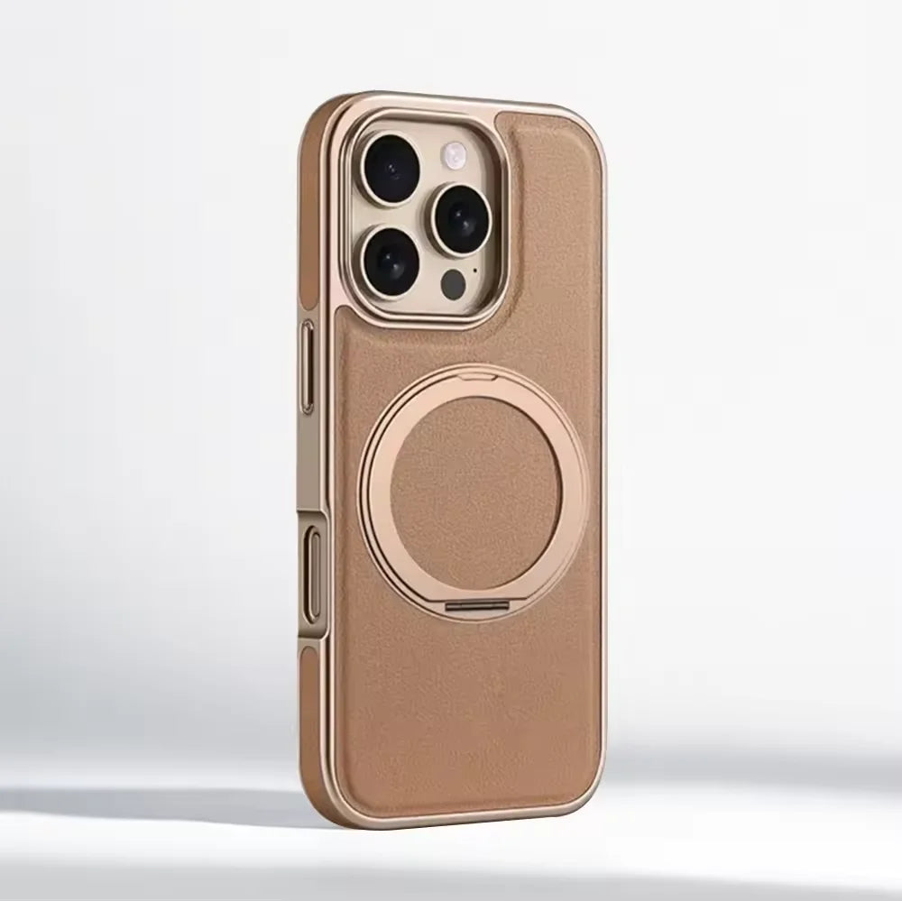 Business Plating Frame 360 Alloy Stand Holder Leather Magnetic Case For iPhone 16 15 14 13 Pro Max Shockproof Cover For Magsafe