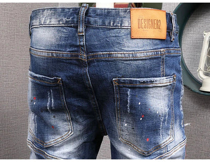 Fashion Streetwear Men Jeans Retro Black Blue Elastic Slim Fit Ripped Jeans Men Spliced Designer Embroidery Hip Hop Denim Pants