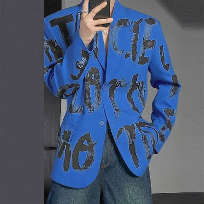 Men Blazer Printing Lapel Long Sleeve Button Korean Style Casual Male Suit Streetwear 2025 Elegant Fashion Thin Coats