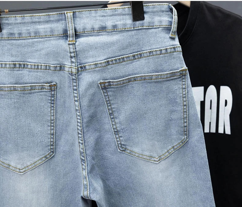 New Men's Little Feet Skinny Jeans Light Blue Spring Summer Thin Elastic Denim Pants Classic Korean Washed Cowboy Trousers