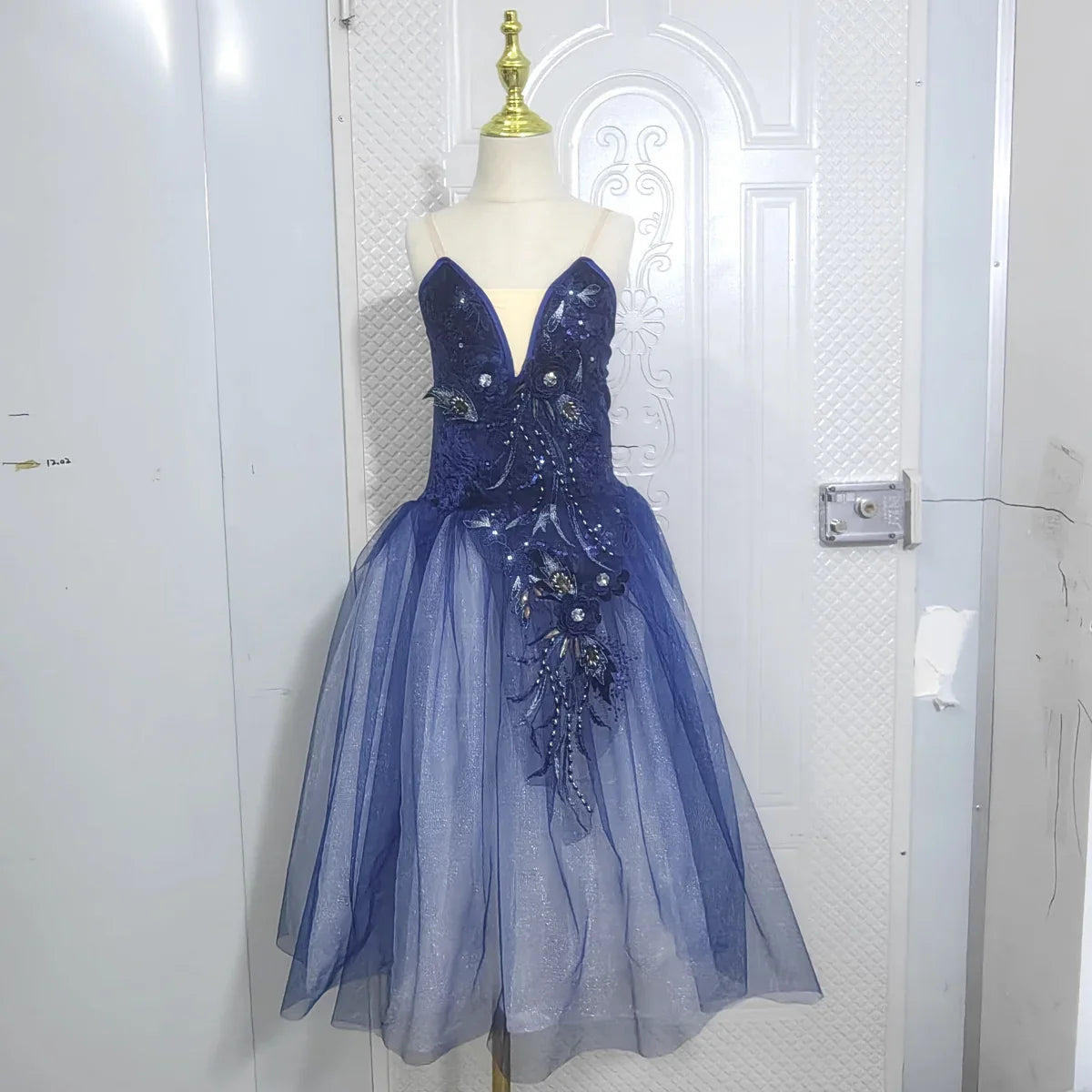 Long Ballet Tutu Skirts Blue 3d Flower Dress Performance Costumes Princess Dance Practice Romantic Dress