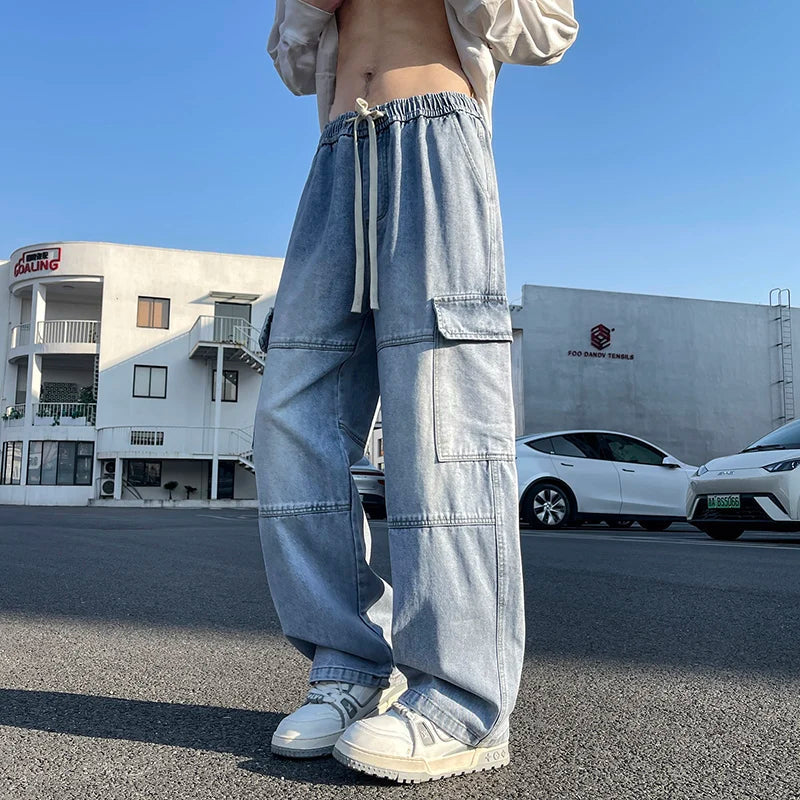 2025 new men's cement grey work jeans Y2K street hip-hop large pocket wide-leg straight jeans trousers jogging black light blue