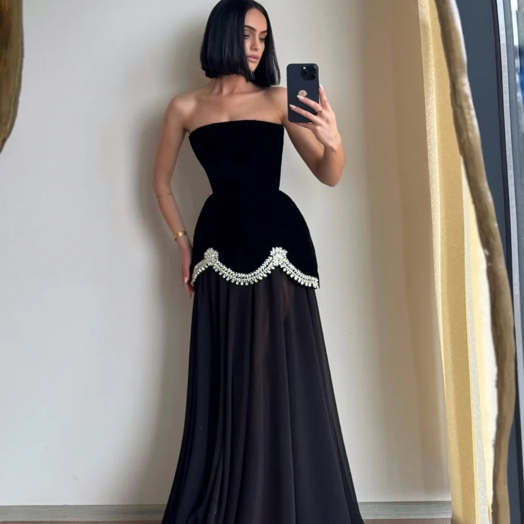 Customized Black Glitter Strapless Backless robes de soirée SleevelessA-line Party Dresses Floor-Length Prom Dress 2026
