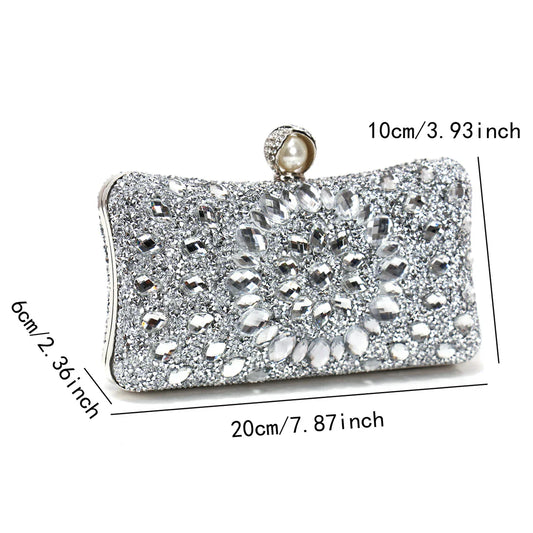 Golden Metal Pearl Rhinestones Glitter Evening Bags Small Lady Prom Dinner Luxury Night Gift Girlfriend Purse Acrylic Diamonds E