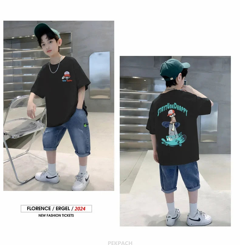 Teens Boy New Summer Clothing Set Cartoon Outfit Children Casual Short Sleeve T-shirt + Denim Shorts 2 Pieces Clothes Tracksuit