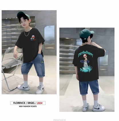 Teens Boy New Summer Clothing Set Cartoon Outfit Children Casual Short Sleeve T-shirt + Denim Shorts 2 Pieces Clothes Tracksuit