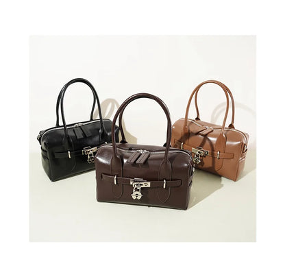 2025 Fall Winter New Top Grain Leather Spacious Boston Bag Lock Design Single Shoulder Crossbody Pack Women Commuting Handbag