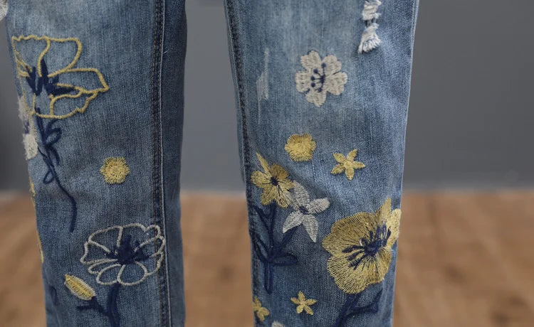 Chinese Summer Fashion Style Ladies Vintage Embroidery Jeans Womens Casual Floral Denim Trousers Ripped Harem Pants