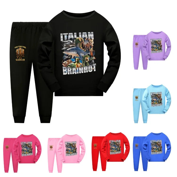 Italian Brainrot Meme Clothes Kids Cartoon Tung Sahur Pajama Sets Boys Long Sleeve Tops Legging 2pcs Set Girls Casual Sleepwear
