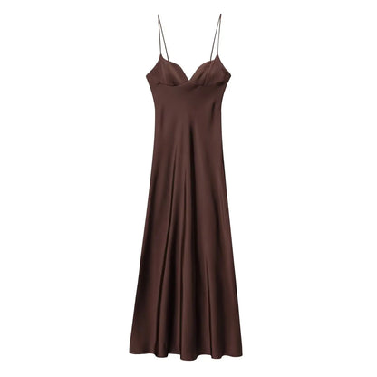2025 Women Red V-Neck Holiday Style Satin Texture Long Dress Sleeveless Summer Women's Back Zipper Fashion Sling Dresses