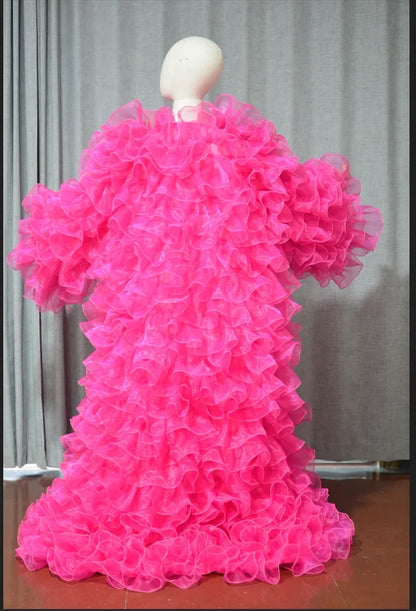 Amazing Layered Organza Long Jacket Puffy And Long Full Sleeves Cape Vest Outfit Party Fashion Stage Drag Queen Coat Cloak