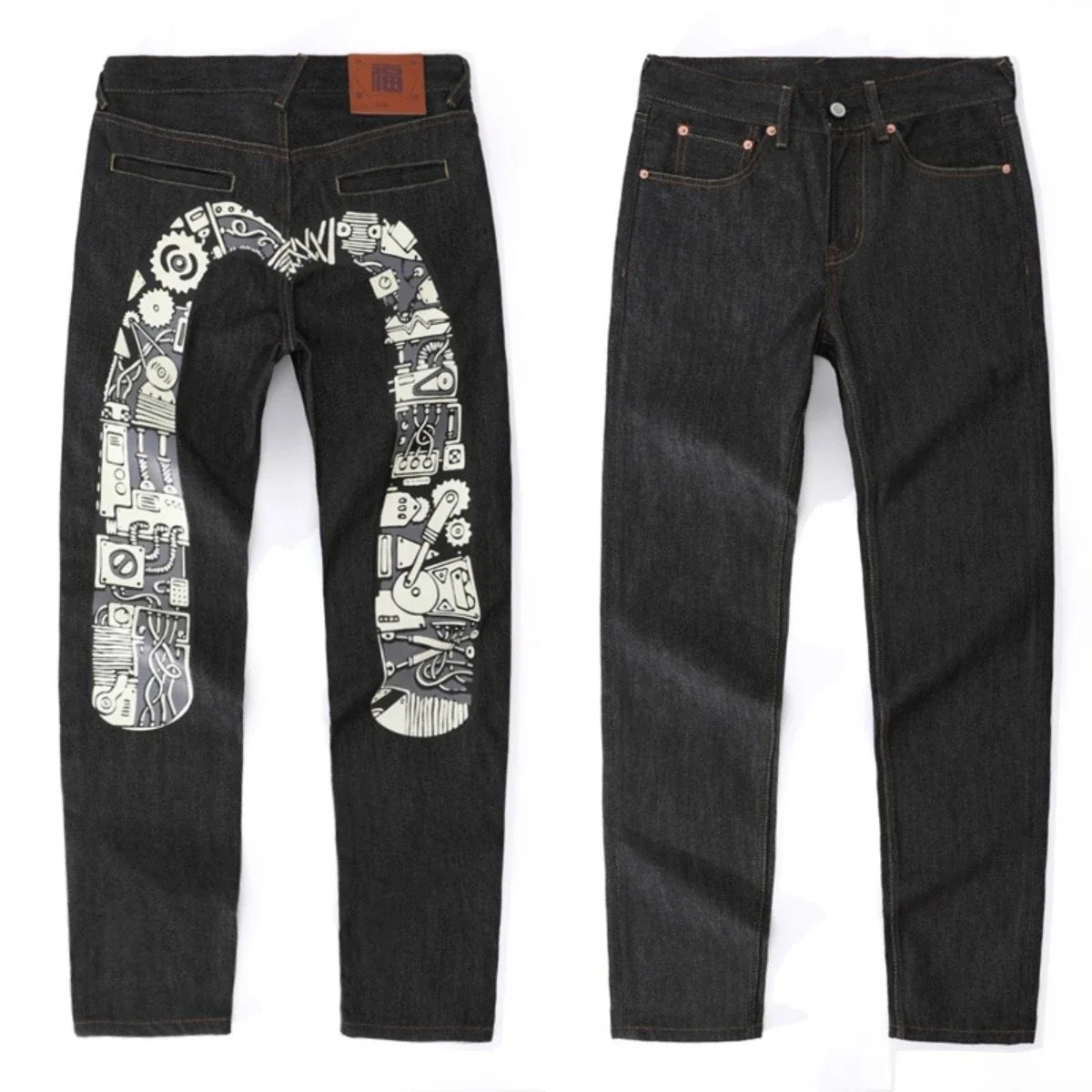 Japanese Handmade Embroidered Jeans Men's Pure Cotton Straight Tube Hip-Hop Popular Slim Red Ears Show Thin Trousers Devil Big M