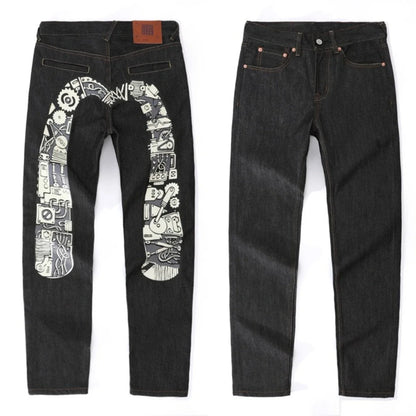 Japanese Handmade Embroidered Jeans Men's Pure Cotton Straight Tube Hip-Hop Popular Slim Red Ears Show Thin Trousers Devil Big M