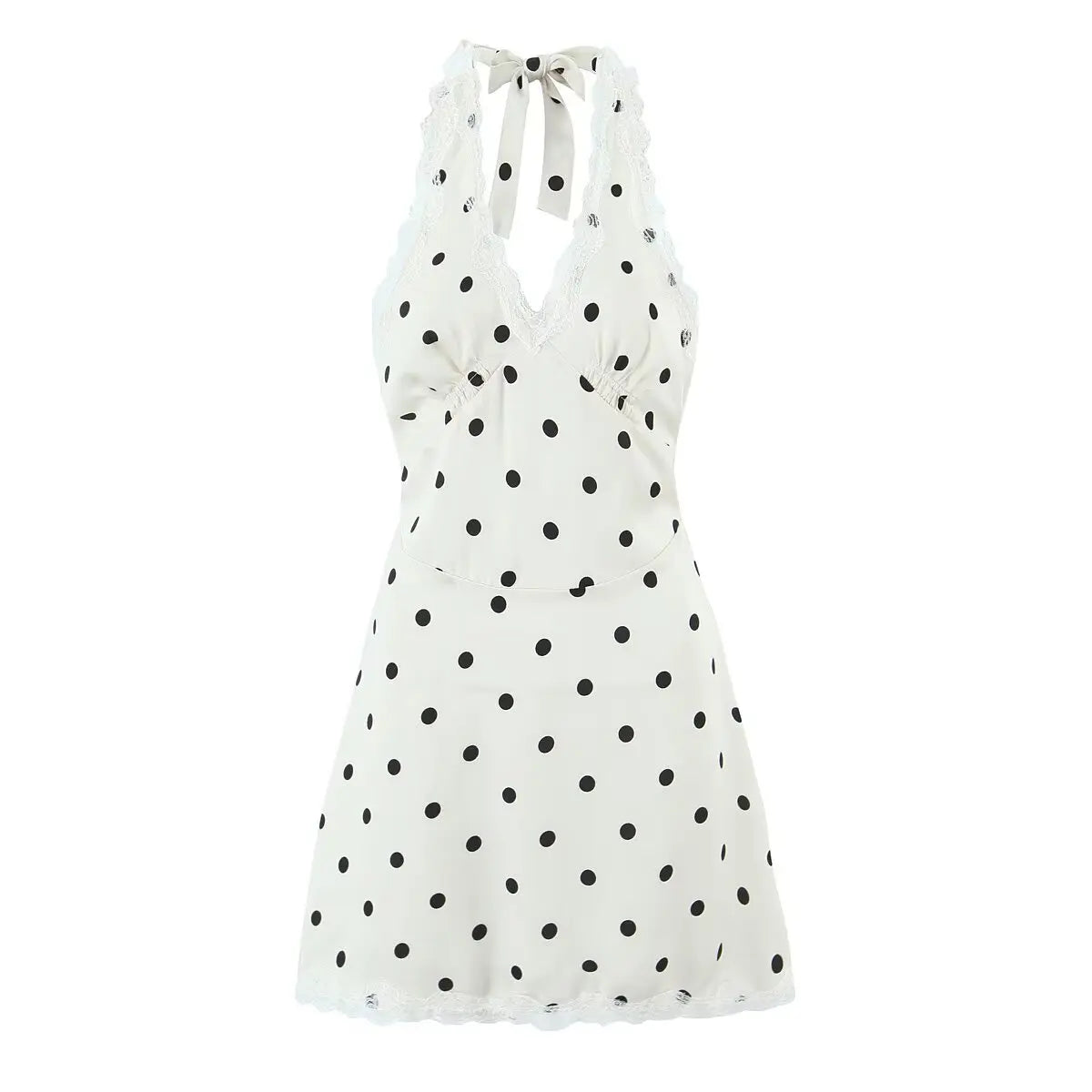 Lace Spliced Polka Dot Halter Dress Women Elegant A-line Mini Sexy Backless Dresses Summer Robe 2025