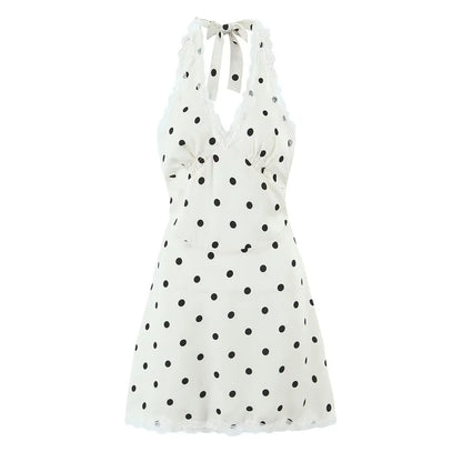 Lace Spliced Polka Dot Halter Dress Women Elegant A-line Mini Sexy Backless Dresses Summer Robe 2025