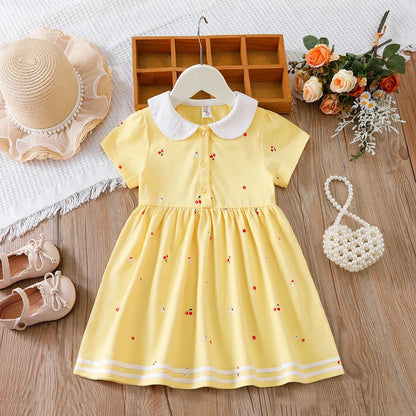Baby Girls Summer Dress Short Sleeved Turn Down Collar Cotton Clothes for Girls Aged 2-6 Years Kids Dresses
