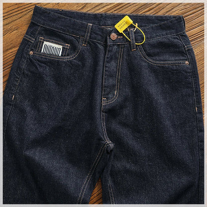 Anti-fading solid color general wash primary color denim jeans men's dark American casual loose straight cone pants
