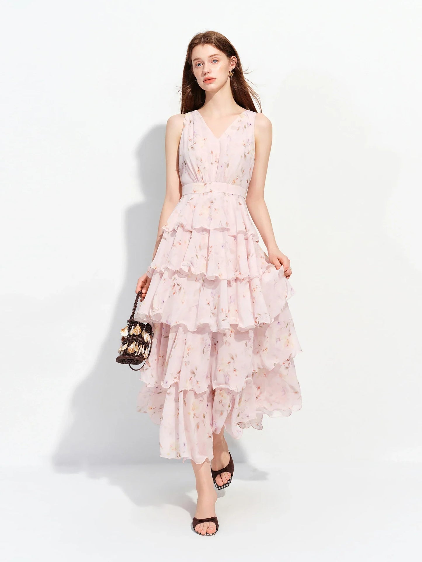 2026 Summer French-Inspired Floral Ruffle Hem Sleeveless V-Neck Tiered Maxi Dress - Romantic for Vacation and Daily Wear