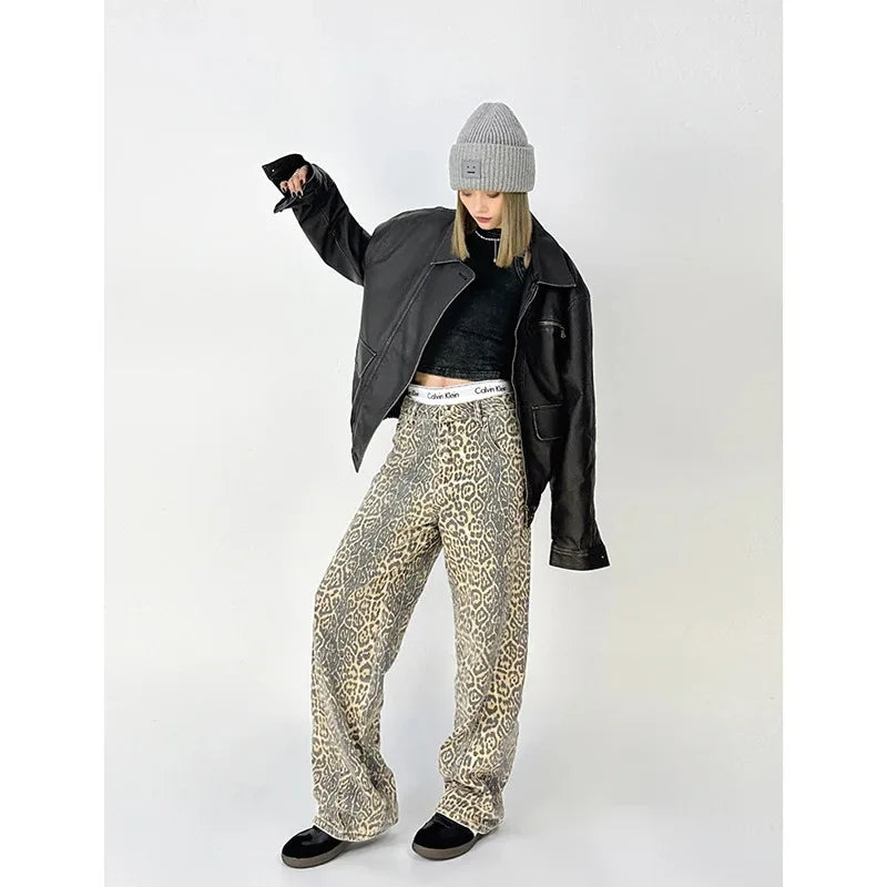 Vintage Leopard Print Jeans Women Spring Oversize Casual Hip Pop Wide Leg Trouser Trend High Waist Panther Denim Pants Ladies