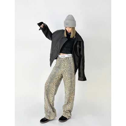 Vintage Leopard Print Jeans Women Spring Oversize Casual Hip Pop Wide Leg Trouser Trend High Waist Panther Denim Pants Ladies
