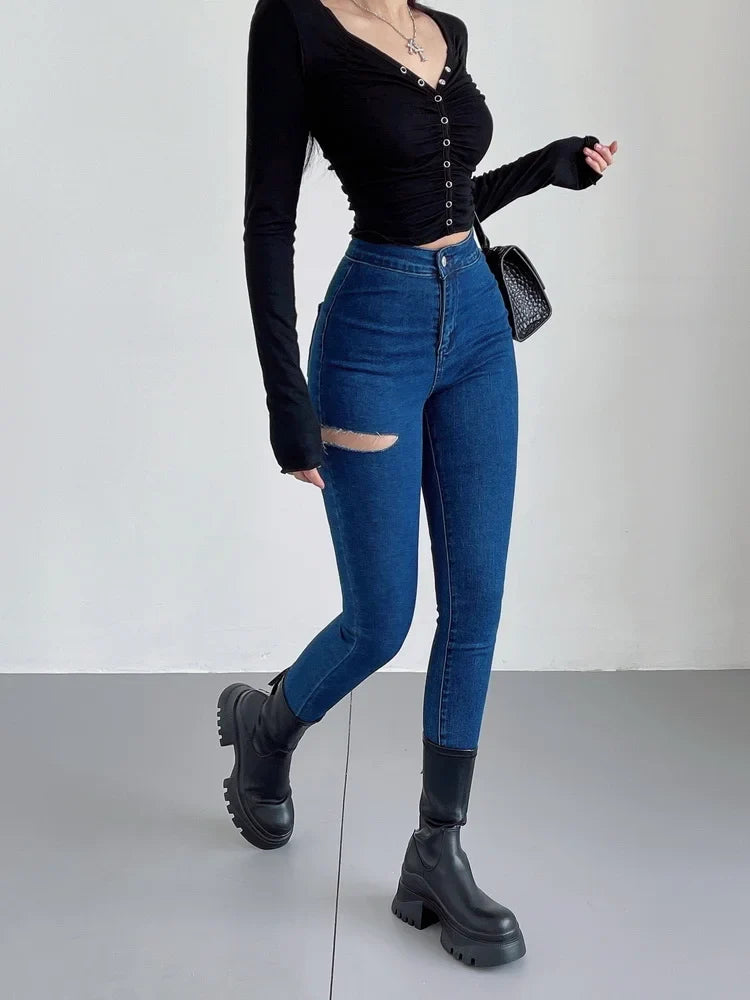 American Spicy Girls Sexy Hole Jeans Slim High Waist Elastic Feet Pencil Pants Trousers Fashion Women BOF8