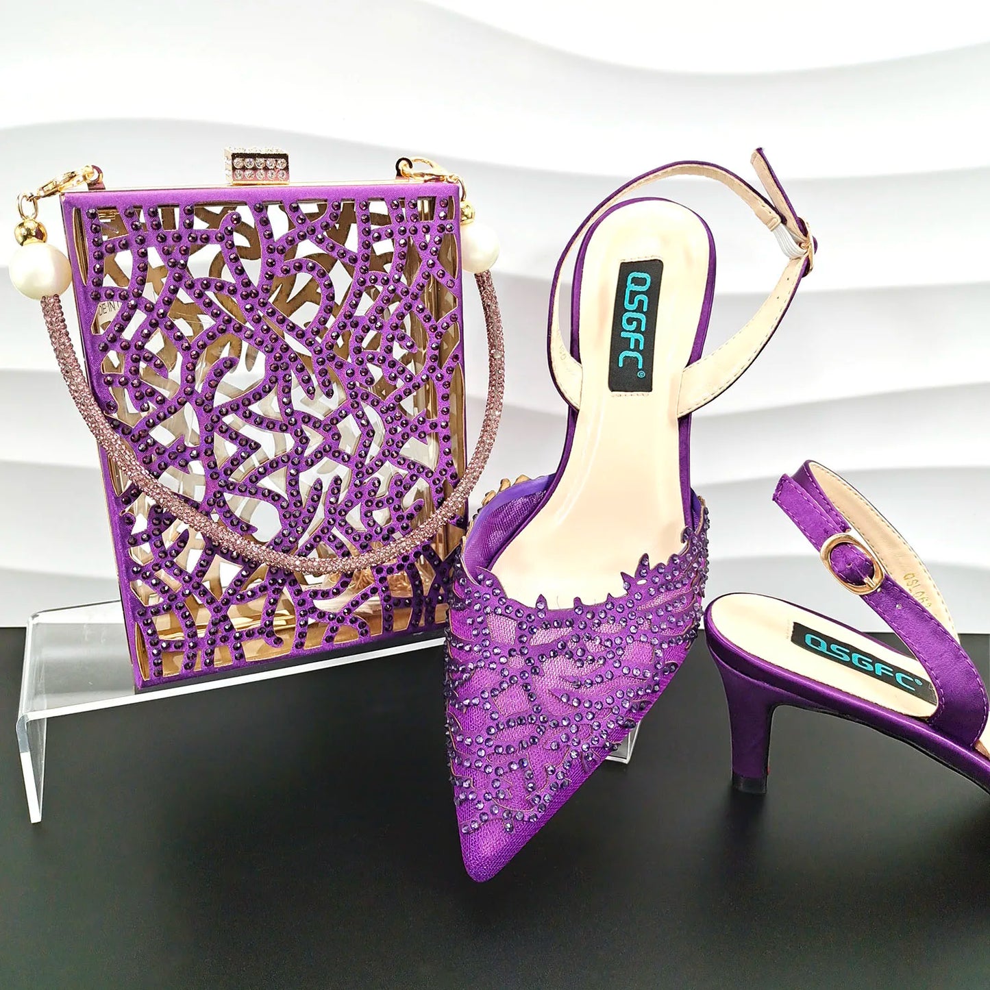 Nigerian Style Elegant Women's Party Shoes  Luxury Full of Diamonds Shoes Sky Blue Pointed High Heel Shoe Bag Set